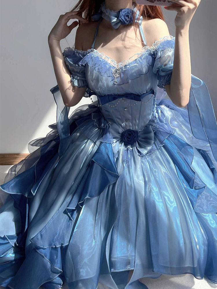 Blue Lolita Dress Heavy Industry Trailing Umbrella Princess Dress