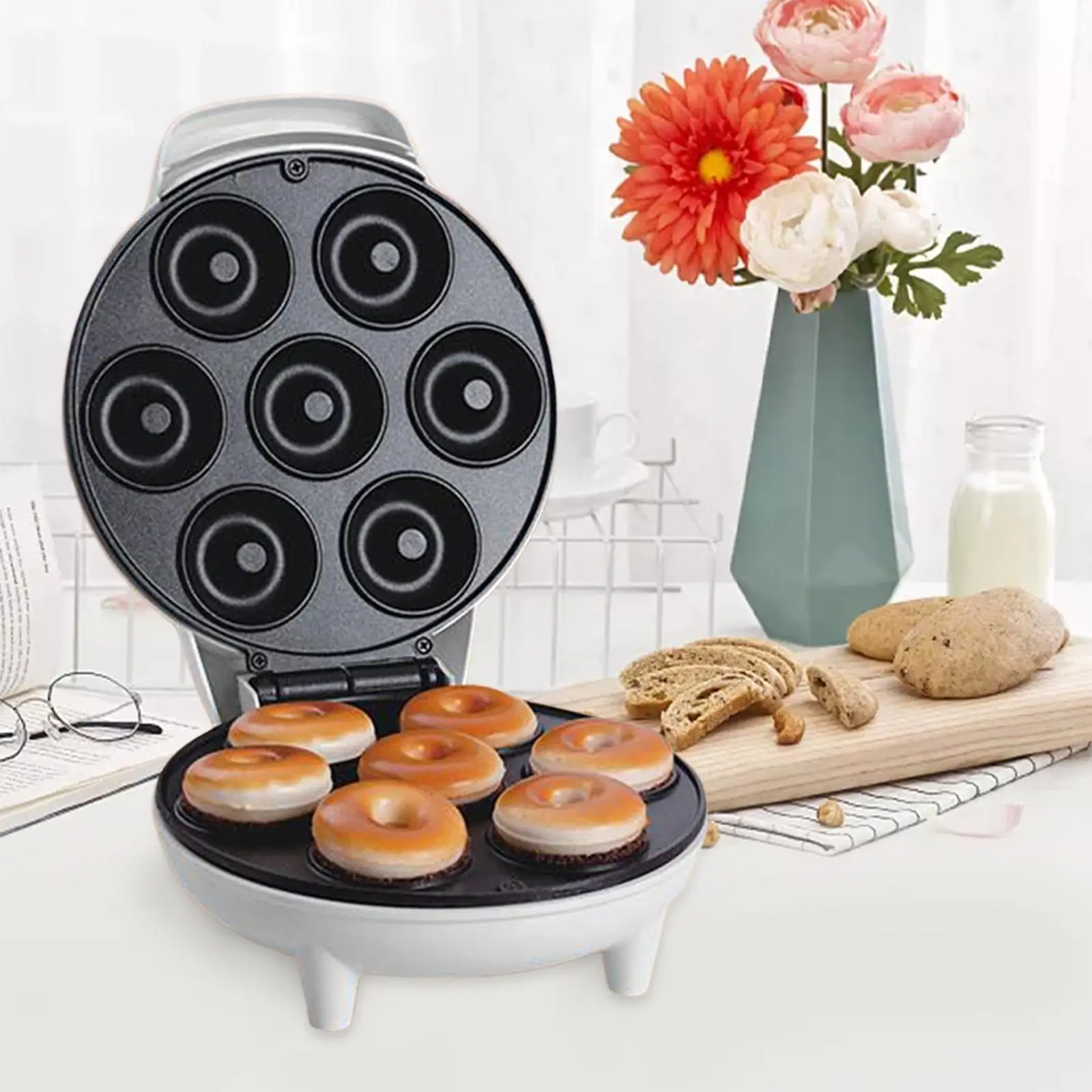 Donut Maker Easy to Clean Snack with Reminder Light Temperature Control Desserts Makes 7 Doughnuts Waffle Machine for Home