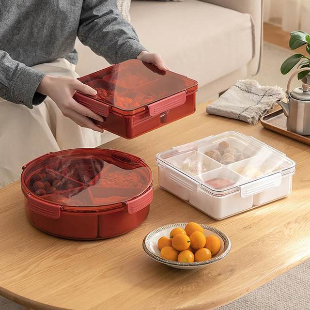 Storage Containers, Round Or Square Divided Serving Tray With Lid