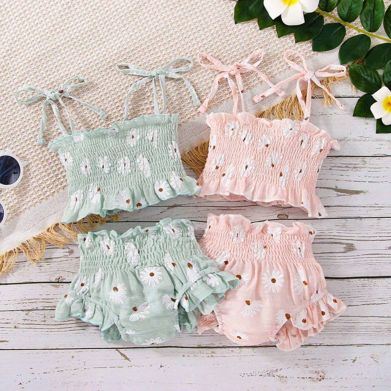 Baby Clothing Set for boy 2022 Newborn Baby Girls Shorts Outfits Clothing Set Cute Flower Print Sling Pleated Tie Up Tops+Elastic Ruffle Shorts Infant Set best Baby Clothing Set