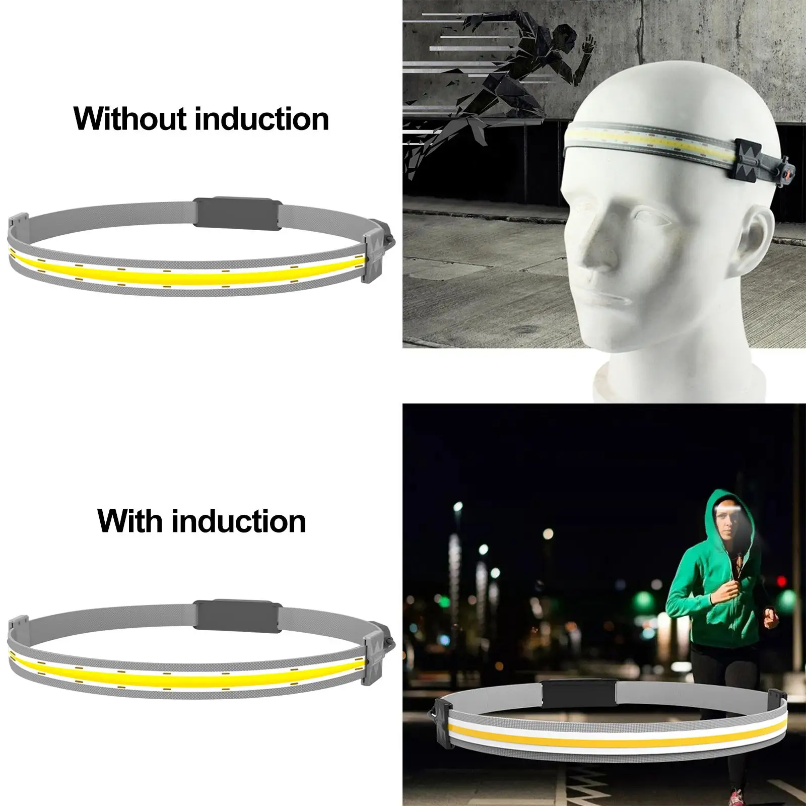LED Headlamp Beam 3 Modes Bright USB Rechargeable Emergency Light Floodlight Lamp for Running Fishing Cycling Camping Climbing