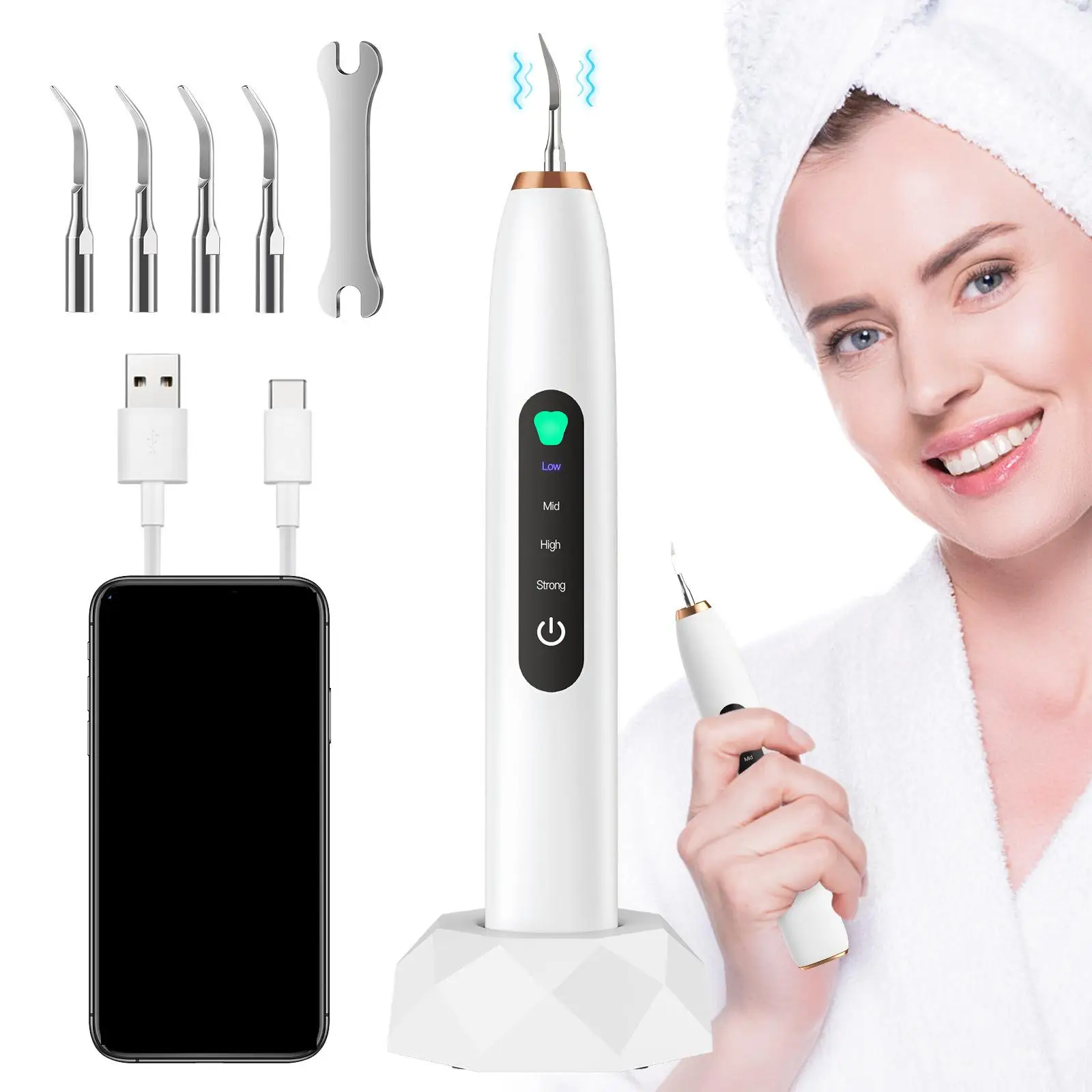 Electric Ultrasonic Tooth Cleaner Visual with LED Light IPX6 Teeth Tartar Whitening Kit Rechargeable Ultrasonic Cleaning Set