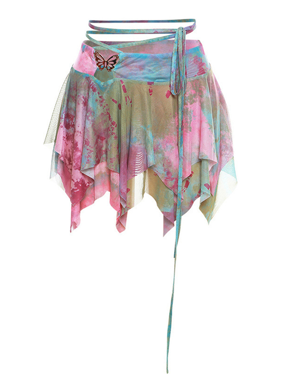 Frauen y2k 3 Stück Sommer Outfits Mode ästhetische Langarm Achsel zucken Tops Krawatte Dye Print Weste unregelmäßigen Minirock Set für Party – Detail 4