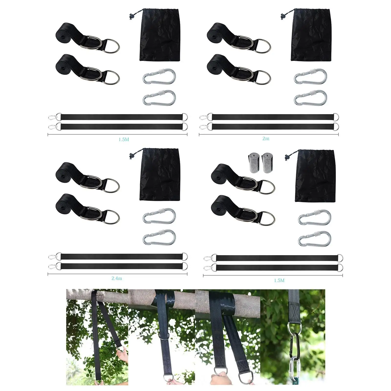 Outdoor Tree Swing Hanging Straps Kit Carabiners Hooks Heavy Duty Swing Belt 2 Straps with Carry Pouch Easy Installation