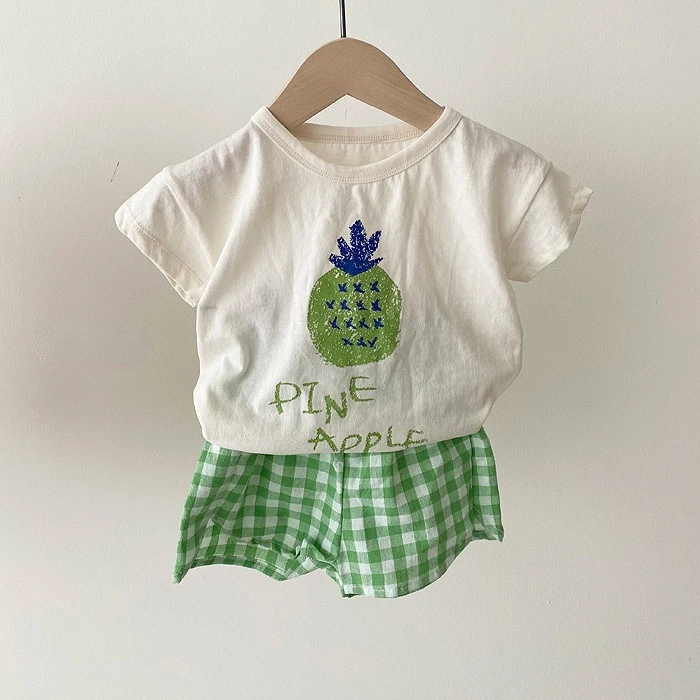 1589B 2022 Summer Baby Clothing Set Fruit Suit Korean Hot Sale Baby Girl Fruit Two Piece Clothes T Shirt +Short Boy's Suit Baby Clothing Set near me