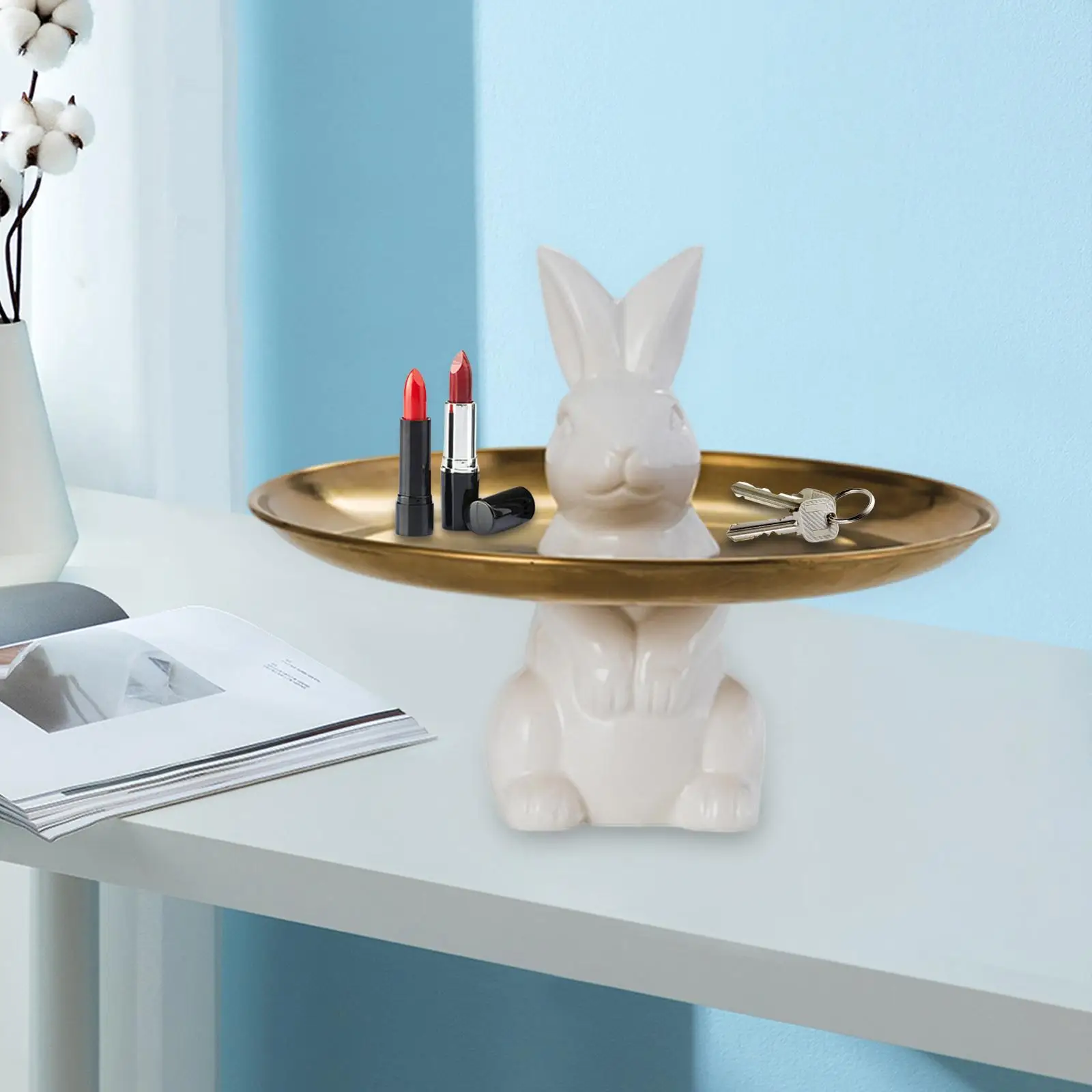 Rabbit Tray Metal Round Golden Modern Decorative Bunny Animal Holder Stand Plate for Food Server Cupcake Jewelry Cookies Home