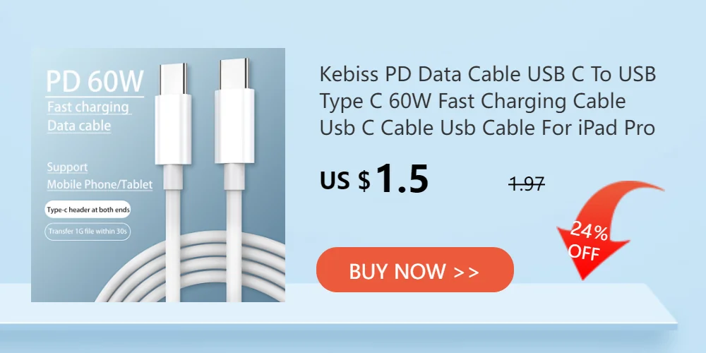 Un anuncio de producto para un cable USB tipo C a USB. El cable está diseñado para una carga y transferencia de datos rápidas y es compatible con teléfonos móviles y tabletas. El producto está a la venta por $1