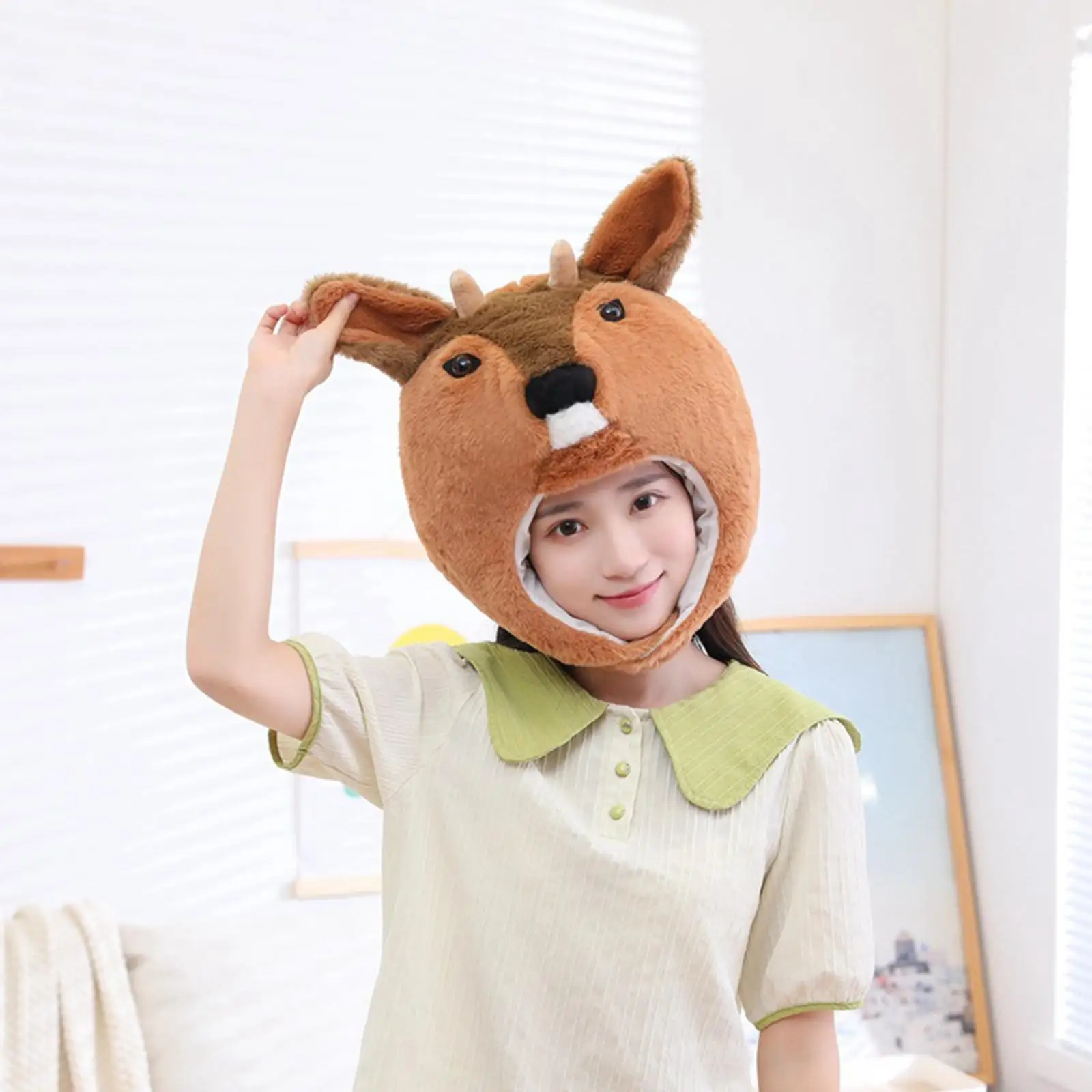Cute Plush Roe Deer Hat Cap Funny Gifts Warm Soft Winter Animal Headgear Headwear for Halloween Holiday Christmas Women Girls