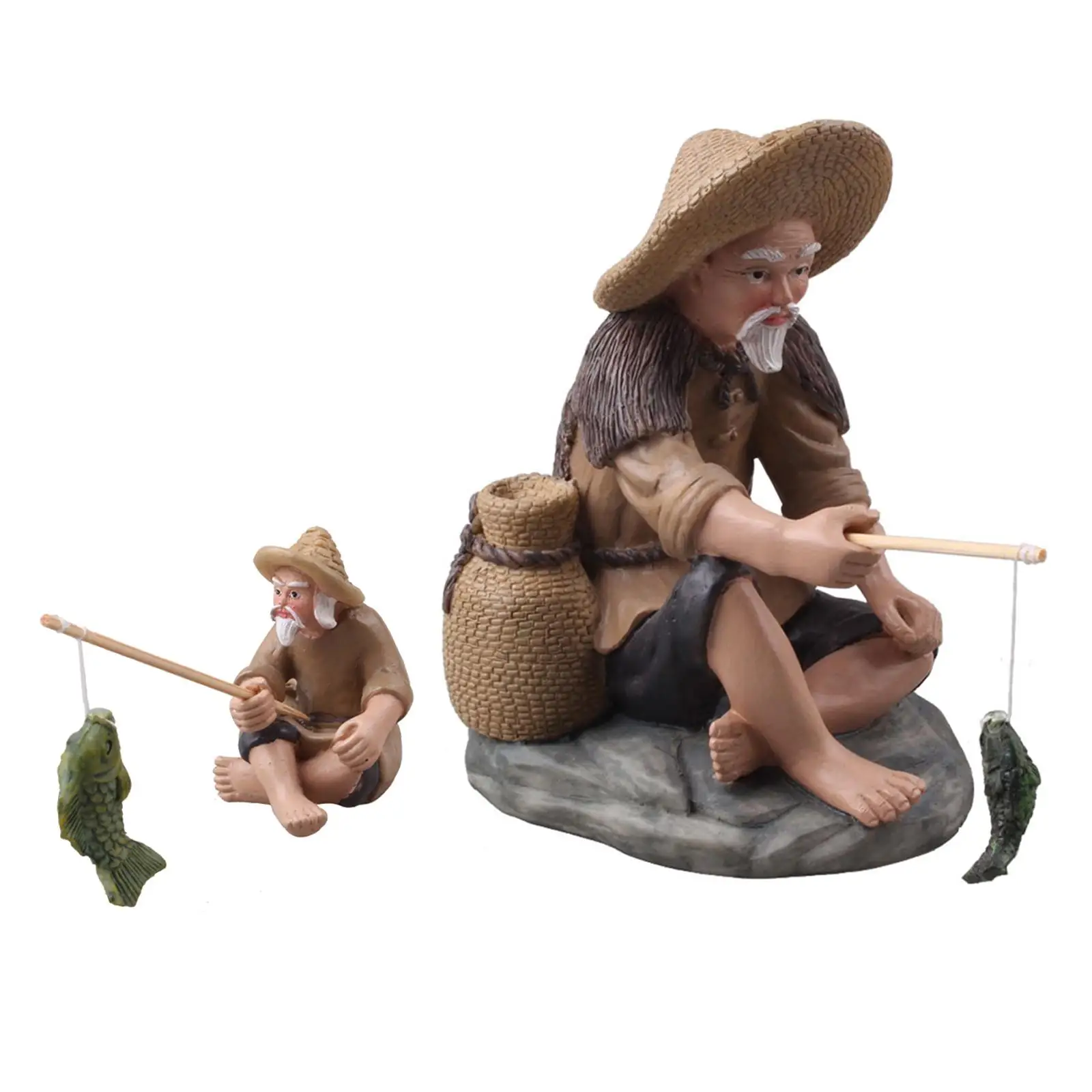 Resin Fisherman Figurines Mini for Micro Landscape Shelf Yard Desktop Decoration