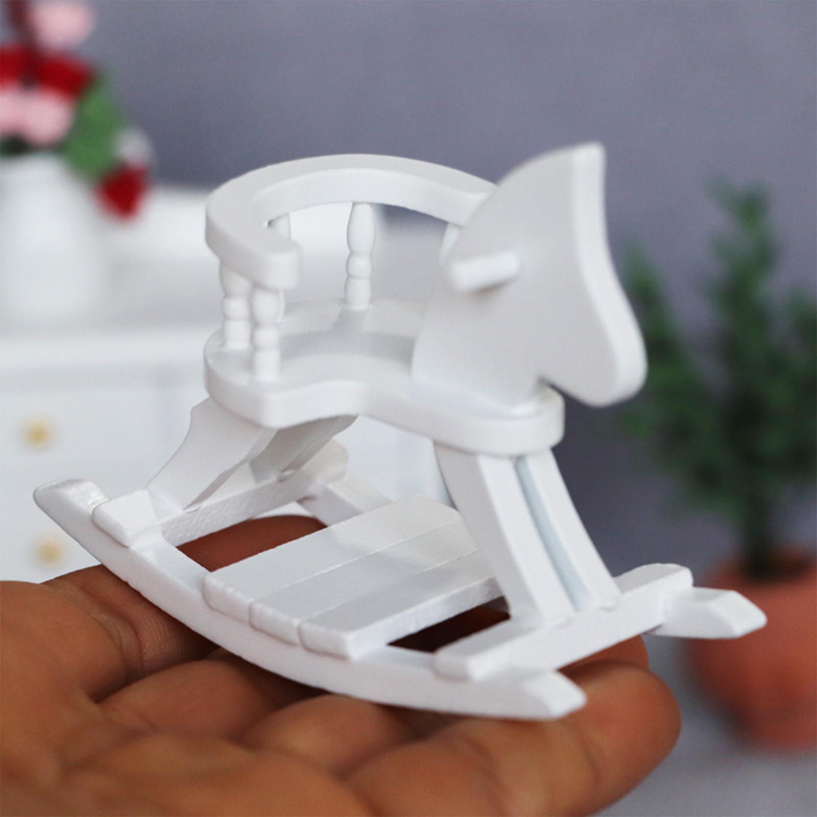 Mini Dollhouse White Wooden Rocking Horse Bedroom Ornaments Scenery Supplies