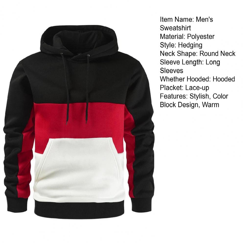 Description Picture 3 of itemMen Sweatshirt Stylish Men's Winter Hooded Sweater Color Block Design Warm Comfortable with Big Pocket for Autumn Winter for Men