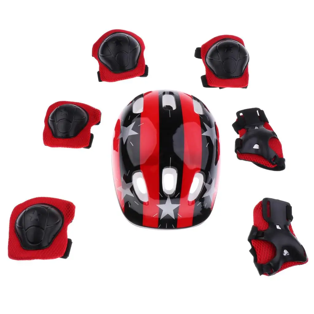 7 Pieces Kids Children Multicolored Roller Skating Scooter Bicycle Helmet Knee Elbow Wrist  Protective Gears  M