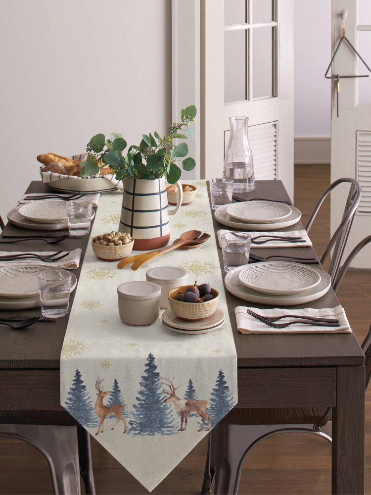 Description Picture 4 of itemChristmas Snowflake Elk Linen Stain Resistant Table Runner Christmas Dinner Party Wedding Table Runner Kitchen Table Decorations