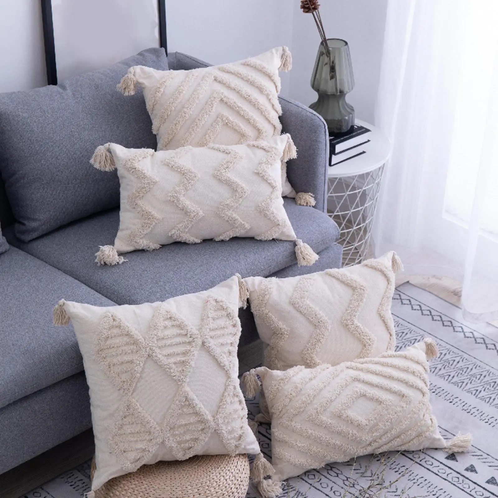 2x Pillow Cover with Tassels And Quilted Pillow Cover Woven for Bed 45x45cm F