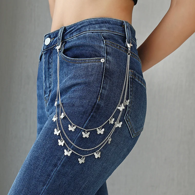45cm Butterfly Pants Chain Women Unisex Punk Metal Waist Chain on The Jeans Trousers Chain Belt Harajuku Gothic Decor Keychain