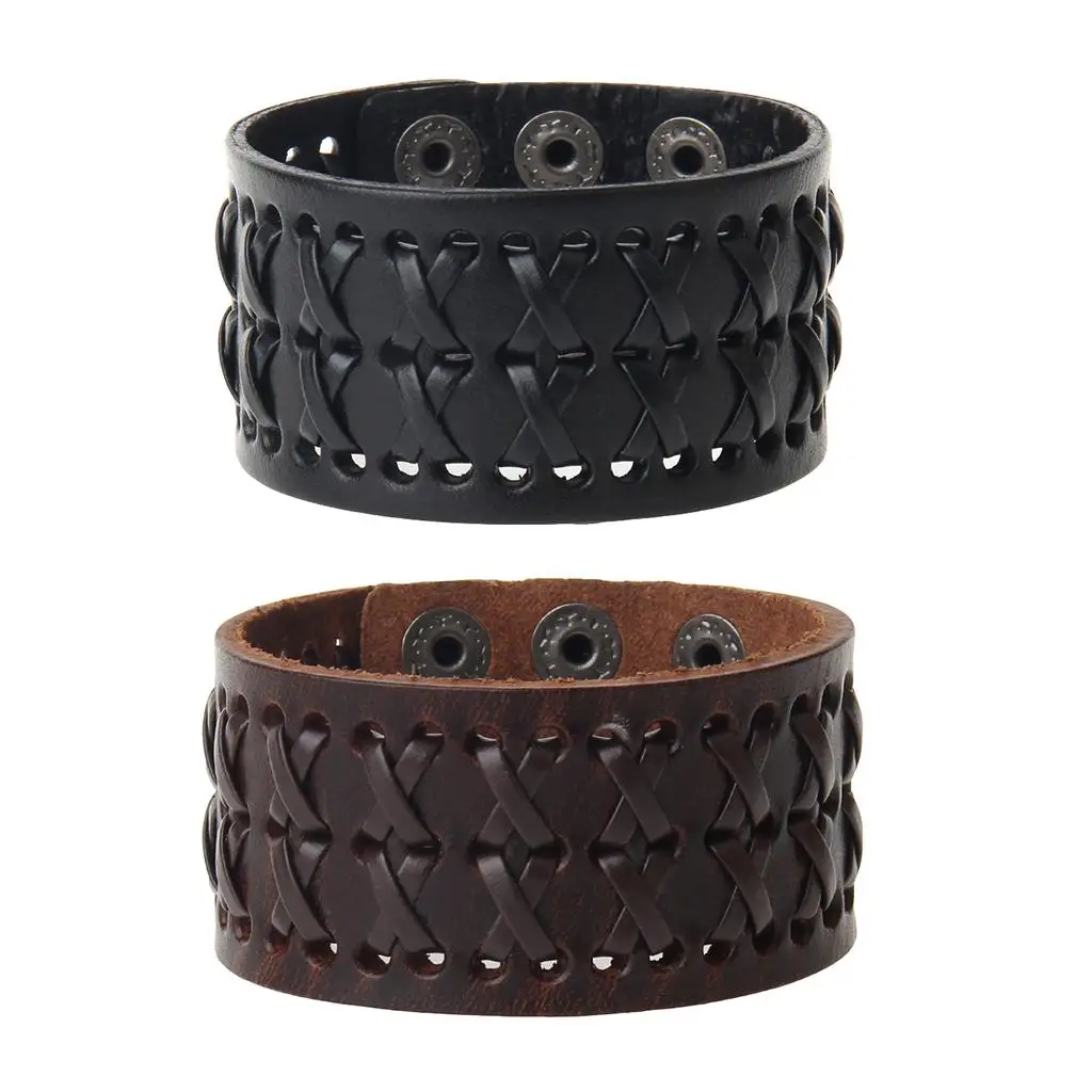 Men`cool Alloy Wide Rope  PU Leather Cuff Wristband Bangle Bracelet