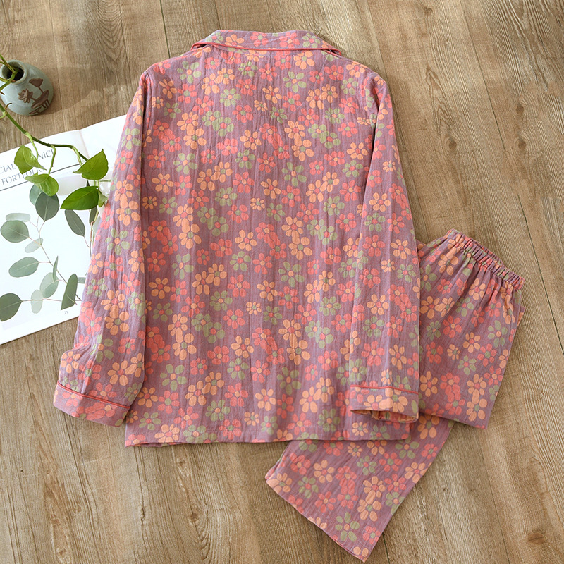 2026 Neues Frühjahr/Sommer Pyjama-Set 100% Baumwolle Blumenmuster Langarmhose Zweiteiliges Set mit Schnalle Home Fury Set Damen – Detail 25