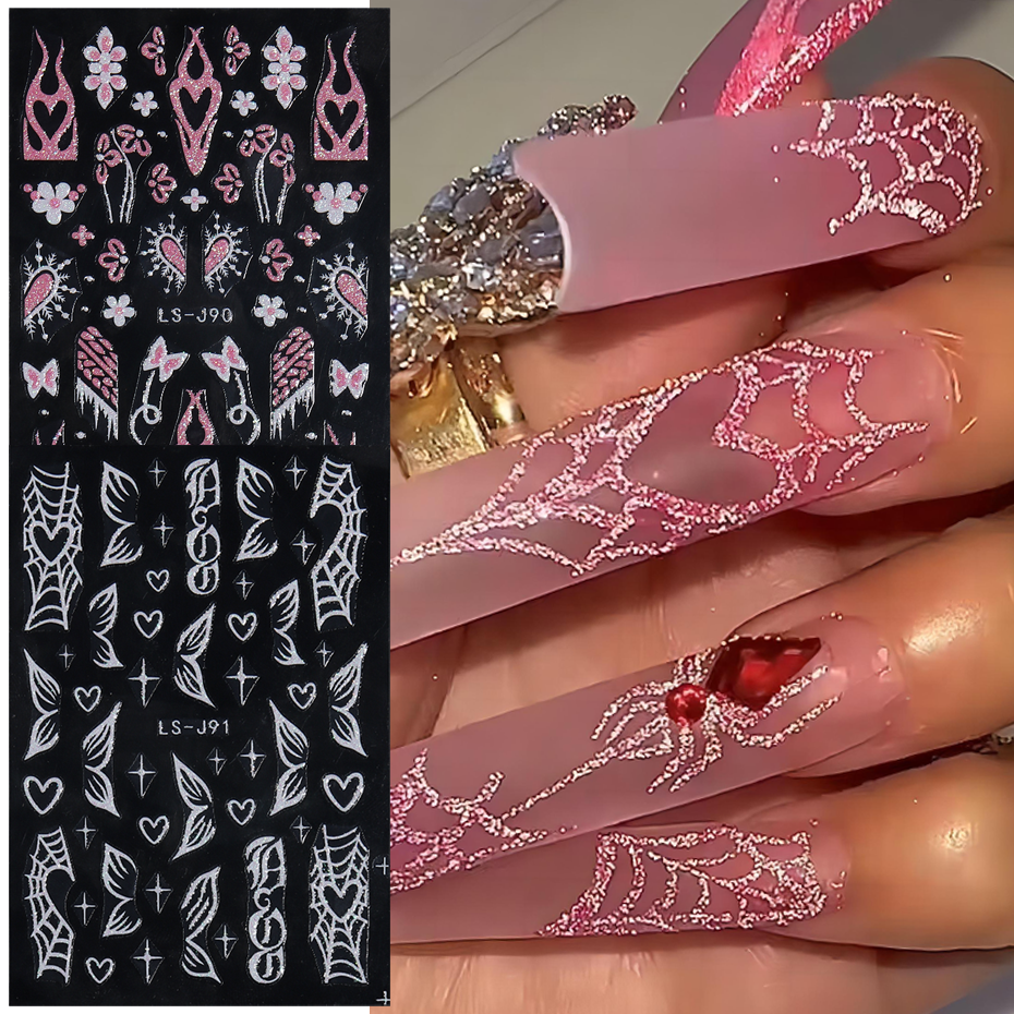 Best of Spider Web Love Glitter Nail Art Stickers Decals Self-Adhesive Butterfly Heart Flower Shimmer 3D Nail Stickers Supplies LELS-J91 Reviews & Tips