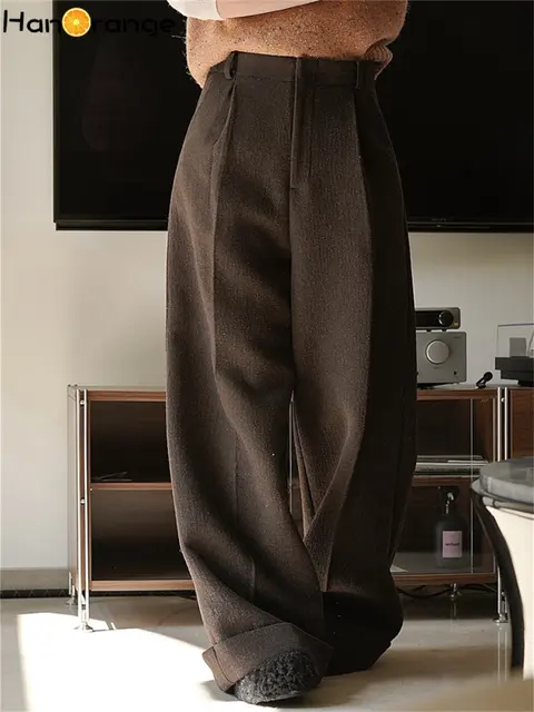 HanOrange 2024 Winter Simple Wool Tweed Wide Leg Pants Women High Waist  Loose Silhouette Warm Trousers Dark Coffee/Grey Apricot