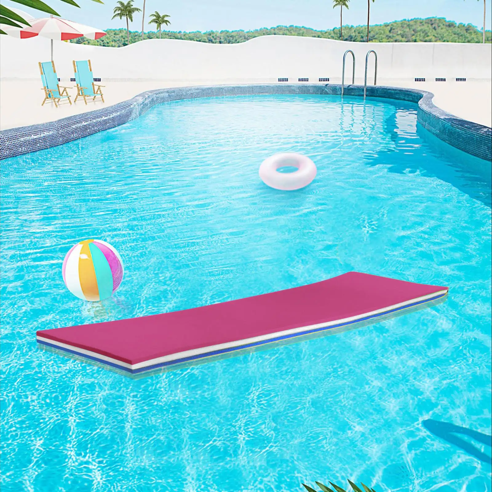 Floating Mat Pad Cushion 3 Layer 110cmx40x3.2cm for River Swimming Pool Summer Sturdy Portable Water Bed Pink White Blue