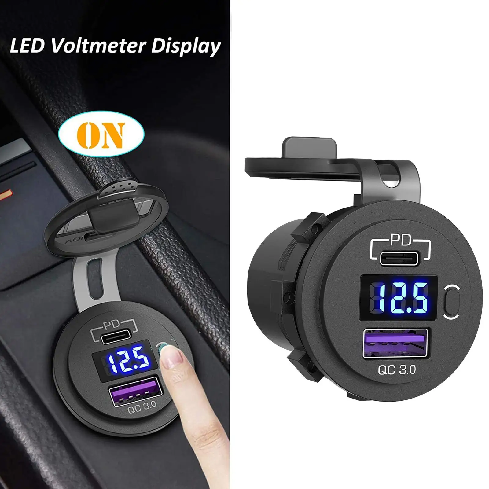 Waterproof Car Charger USB C 33W PD & QC3.0 DC 12V/24V RV Van Marines SUV Socket Power Outlet Fast Charging with Voltage Display