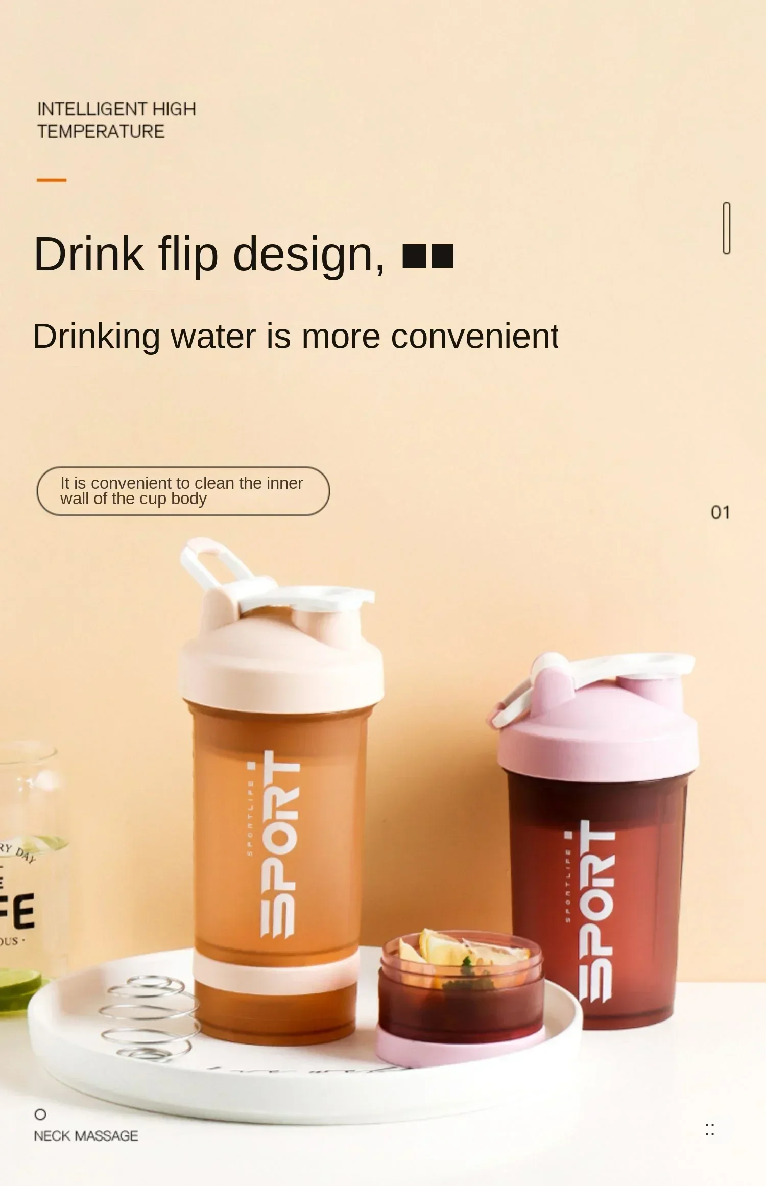 Description Picture 2 of item450ml Plastic Water Bottle Three Layer Protein Powder Shaker Large Capacity Stirring Cup Portable Exercise Shaker Spring Cup