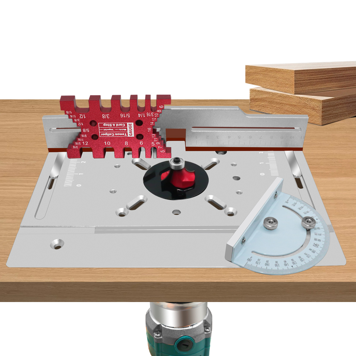 Router Lift – Aluminium-Frästisch-Einsatzplatte mit Zapfenzaun, elektrisches Holzfräsen, Klappbrett mit Gehrungslehre, Führungsset – Detail 7