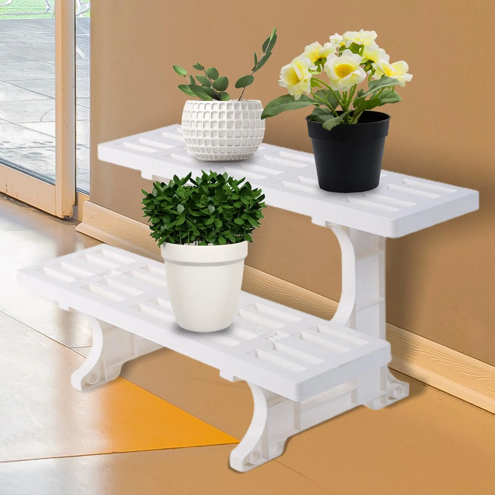 White Planter Stand Flower Pot Decorative Crafts Floor Standing Shelf 2 Tier Rectangle Indoor Planter Rack for Patio Yard