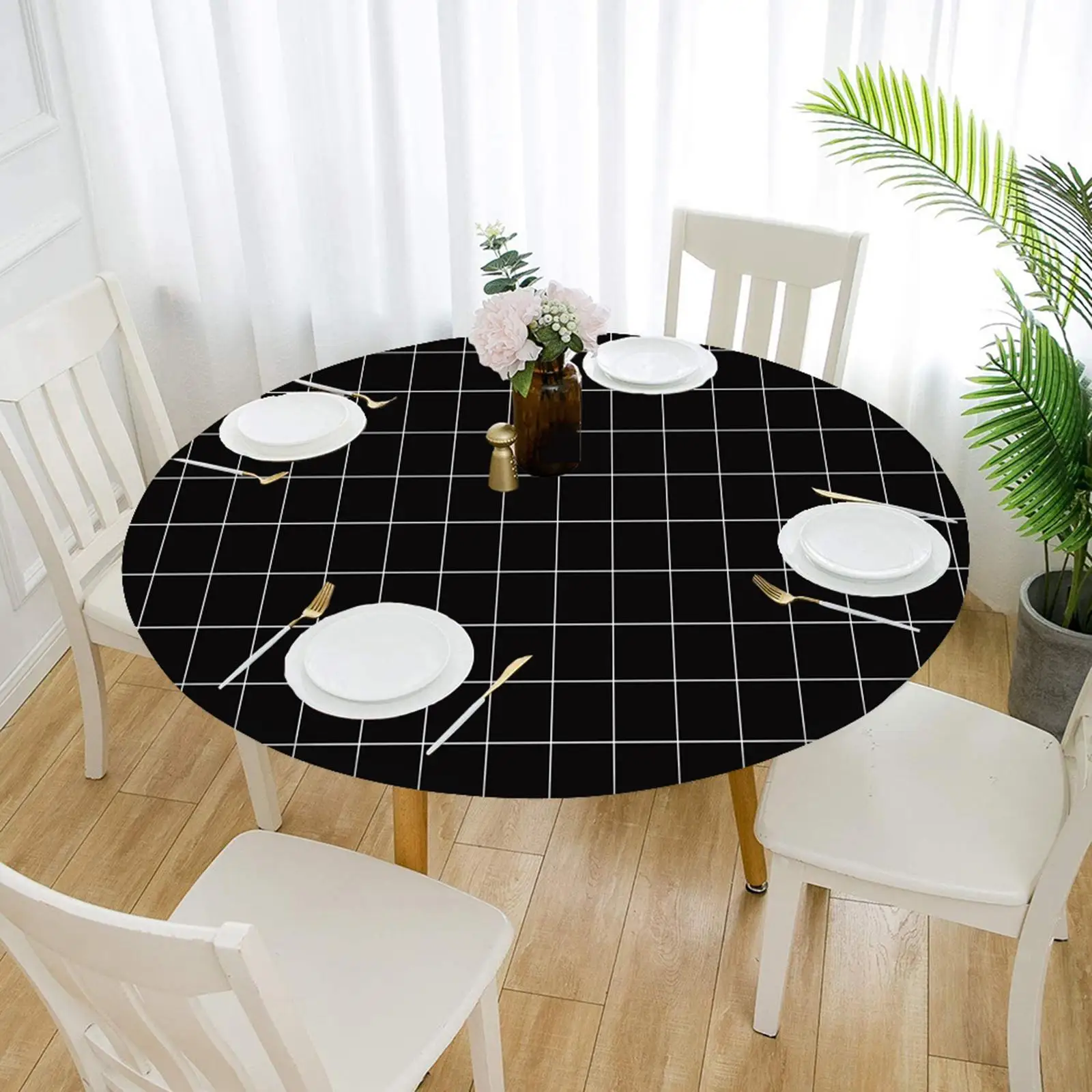 Fitted Polyester Table Cloth Elastic Edged Decoration Water Resistance Dinner Table Cover Dust Proof Protector Wipe Clean