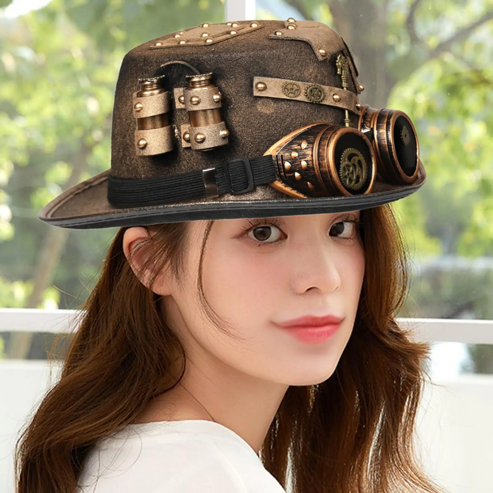 Steampunk Top Hat Handmade Stage  Hat Performance Bowler Hat with Goggles Headwear Costume Accessory for Punk Cosplay Party