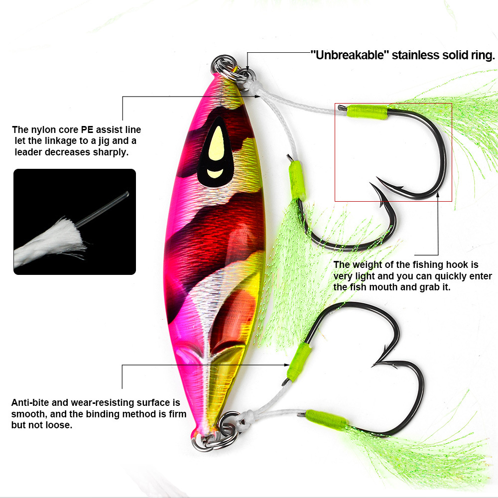 2 Paar Metall-Jig-Tail-Assist-Haken 300-1000 # Vollring-Jigging-Angelhaken für 60-1/0g Köder-Angelhaken mit Pe-Line-Feder – Detail 3