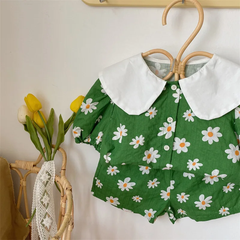 Clothing Sets luxury 2022 Summer New Fashion Top Pants Set Kids Doll Collar Green Fashion Clothes Set  Boutique Kids Clothing Simple Style twin clothing sets