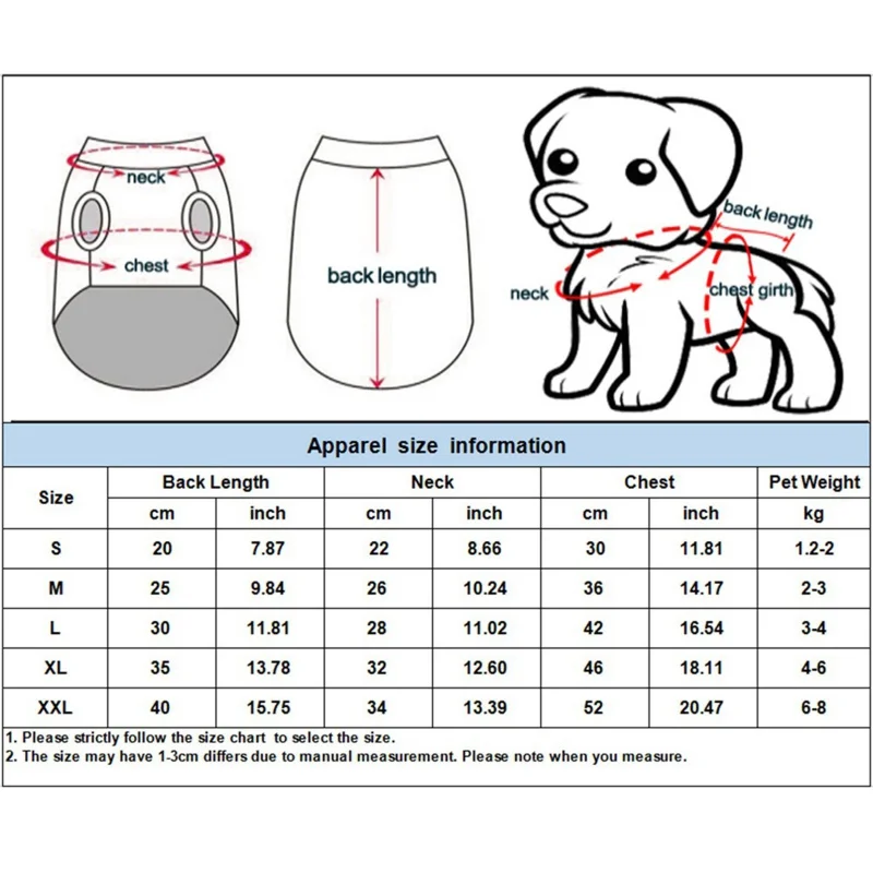 Una tabla de tallas para ropa para mascotas, específicamente para perros. Incluye medidas de largo de espalda, cuello, pecho y peso de la mascota, con tallas correspondientes que van desde la S a la XXL.