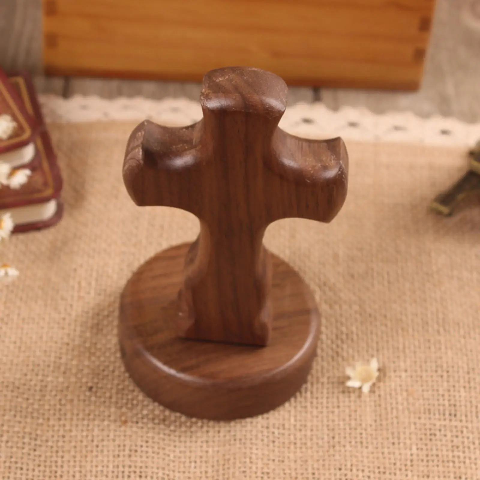 walnut Desktop Crucifix Figurines Religious Prayer Cross Catholic Crucifix with Stand for Memorial Chapel Thanksgiving