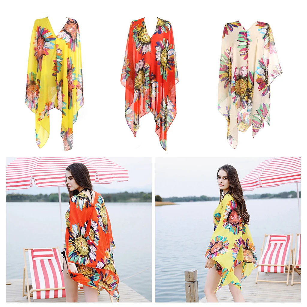 Chiffon Blouse Dress with Beach Swimsuit And Kimono Cardigan