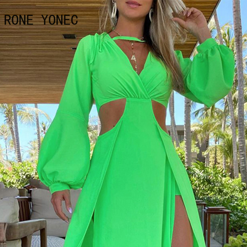 Sexy Long Lantern Sleeves, Fenda Alta, Férias de Praia, Sólido