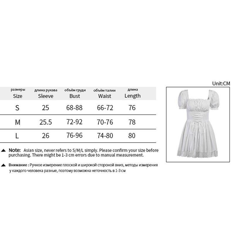 Süßes A-Linien-Kleid mit Puffärmeln für Damen, Sommer, Fairycore, Lolita, einfarbig, Bandage, Spitzenbesatz, kurze Kleider für Halloween-Party – Detail 1