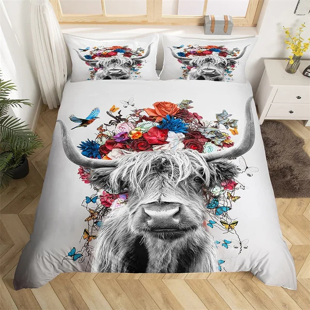 Highland Cow Flower Bed Sheets Queen, Parure de lit Bull Cattle, Parure de  lit Western Funny Animal, Wildlife Farmhouse Cow Drap-housse Marbre rose  gris, 1 drap plat, 1 drap-housse, 2 taies d'oreiller 