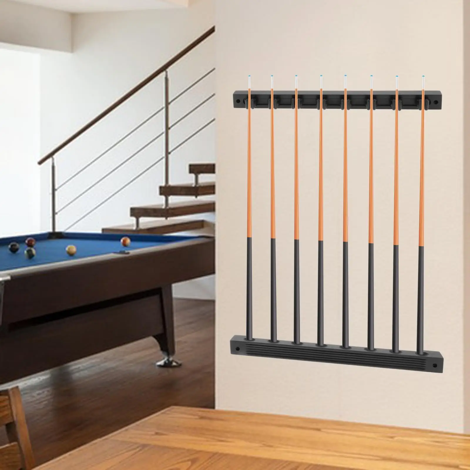 Wooden Pool Cue Holder Billiard Cue Wall Racks with 8 Cue Clips Easily Install Exquisite Sturdy Accessory Black for Game Room