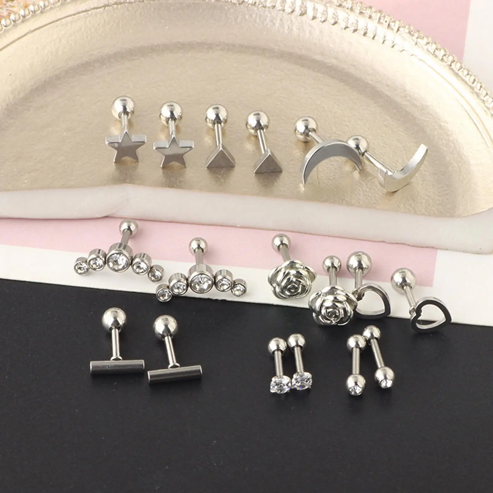 18Pcs Stud Earrings Set Fashion Disc Ball Jewelry Stainless Steel 16G