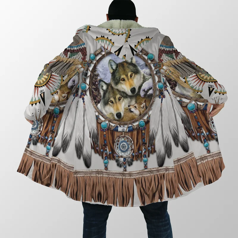 mais novo inverno dos homens manto bonito tribal nativo lobo impressão completa grosso velo casaco com capuz unisex casual quente casaco de capa