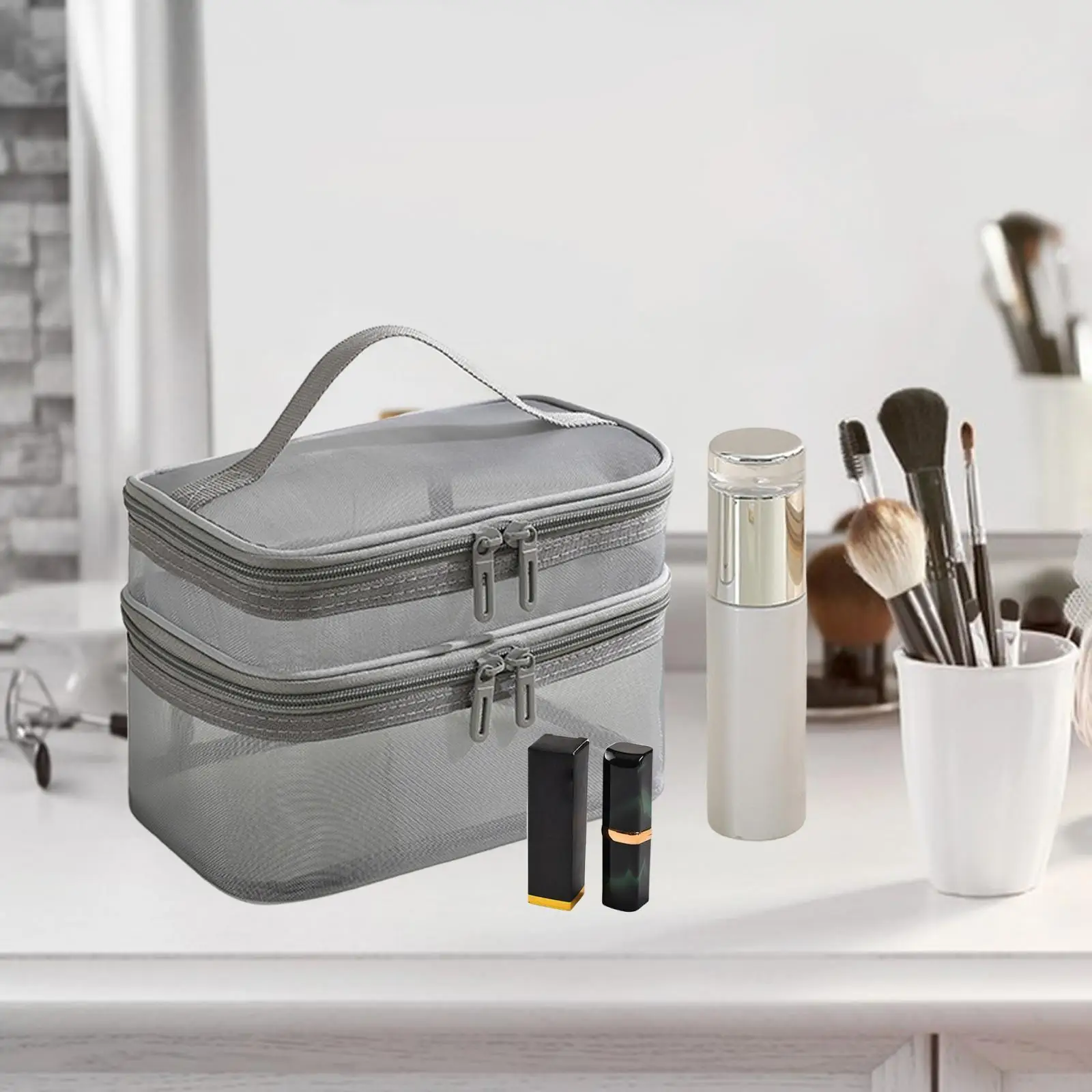 Double Layer Toiletry Bag with Zipper Portable Handbag Women Makeup Bag for Full Size Bottles Accessories Brushes Set Toiletries
