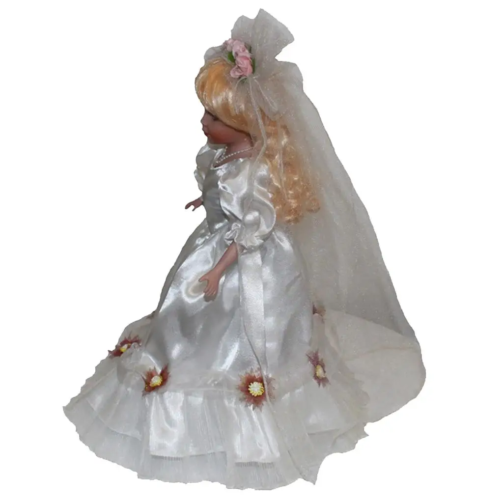 Elegant 40 Cm Victorian Ceramic Woman Doll in White Wedding Dress Decor Costume