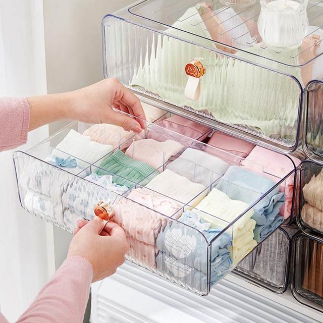 Dasbsug Clear Acrylic Underwear Drawer Organizer Box 4/8 Grids Compartment  Divided Closet Storage Bin Stackable Shelf for Socks 