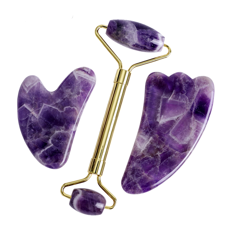 Best of Gouache Amethyst Natural Stone Facial Massager Jade Roller Gua Sha Set SPA Acupuncture Scraping Crystal Gouache Scraper For Face Reviews & Tips