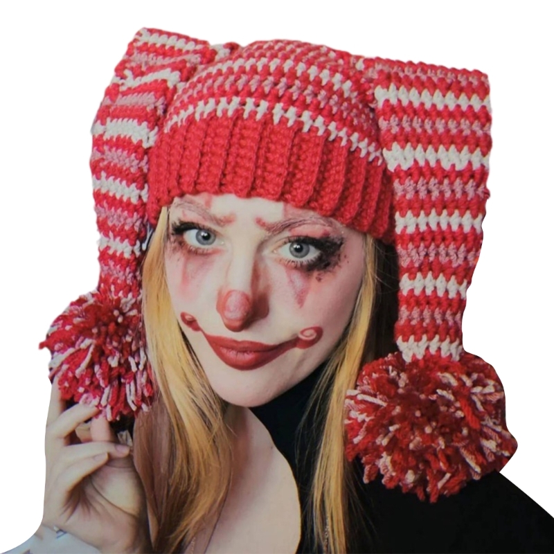 Clown-Hut, handgefertigte Kopfbedeckung für draußen, gestrickt, gestreift, Garn, große Strickohren, Wintermütze, Rot – Detail 3