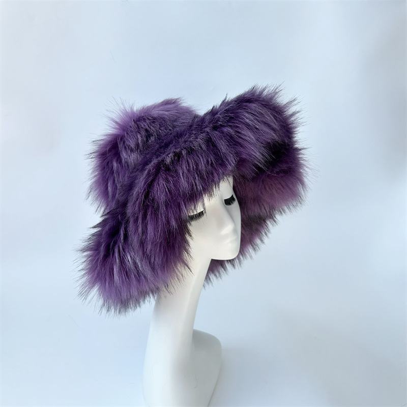 Harajuku Girls Sweet Cute Pink Wide Brim Floppy Furry Shag Hat Women Winter Y2k Fashion Fuzzy Festival Faux Fox Fur Bucket Hats