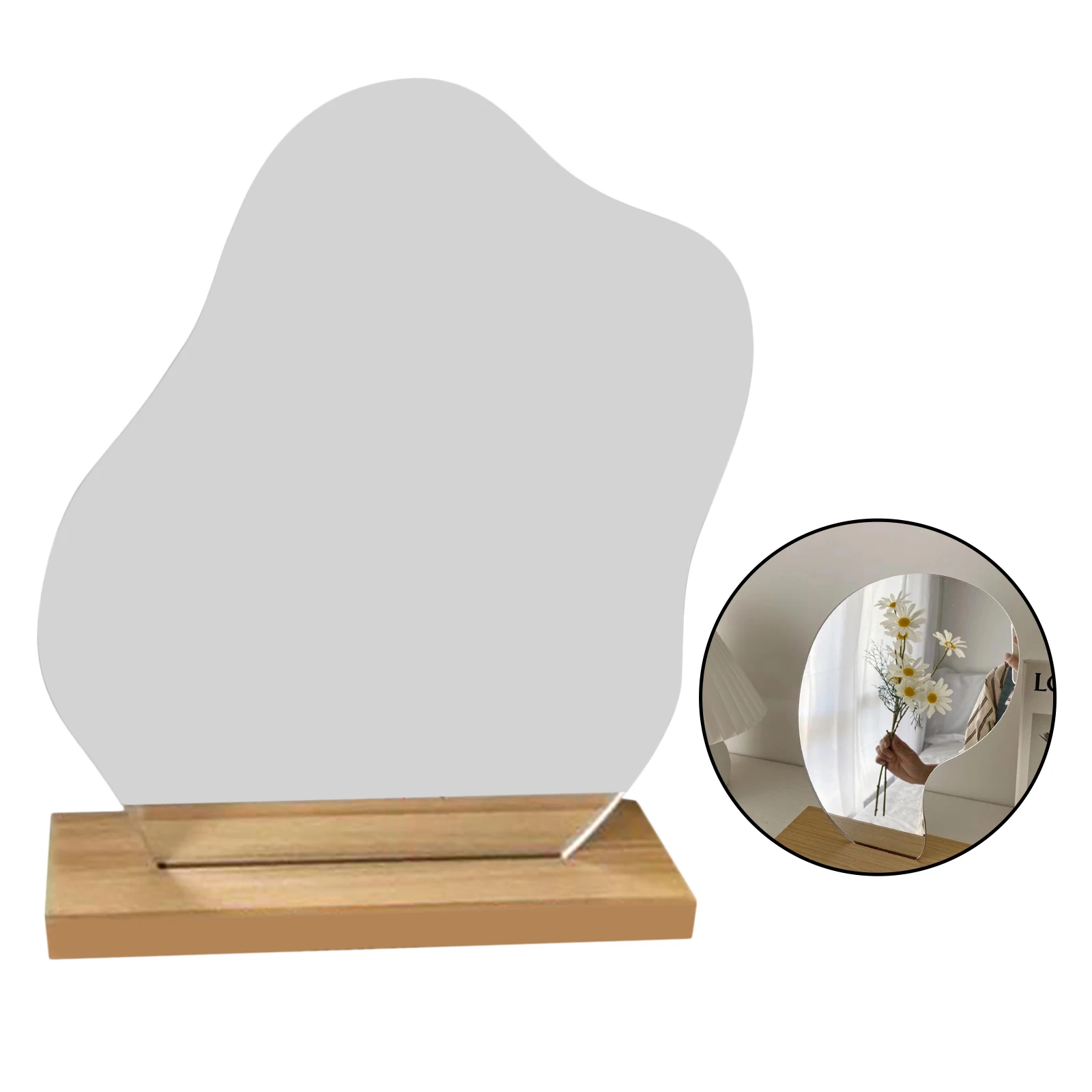 Irregularly Shaped Mirror Tabletop Decorative Mirrors with Wooden Base, Dressing
