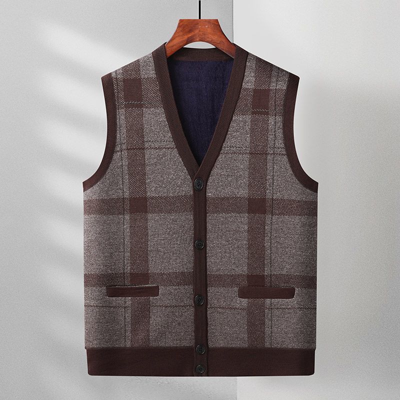 Description Picture 3 of item2024 Autumn Winter Men's Fashion V-neck Sleeveless Sweater Coats Male Fleece Warm Knitted Waistcoat Men Plaid Casual Vest D673
