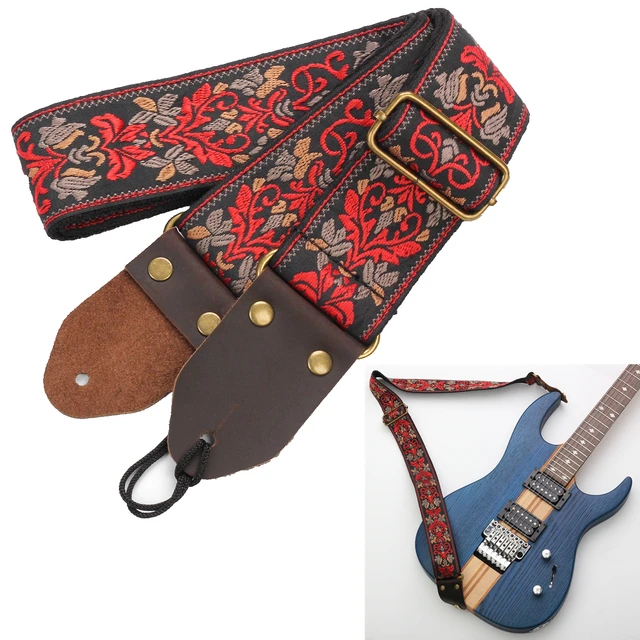 Sangle de guitare acoustique Vintage en cuir véritable, Style bohémien,  tissu brodé, basse électrique - AliExpress